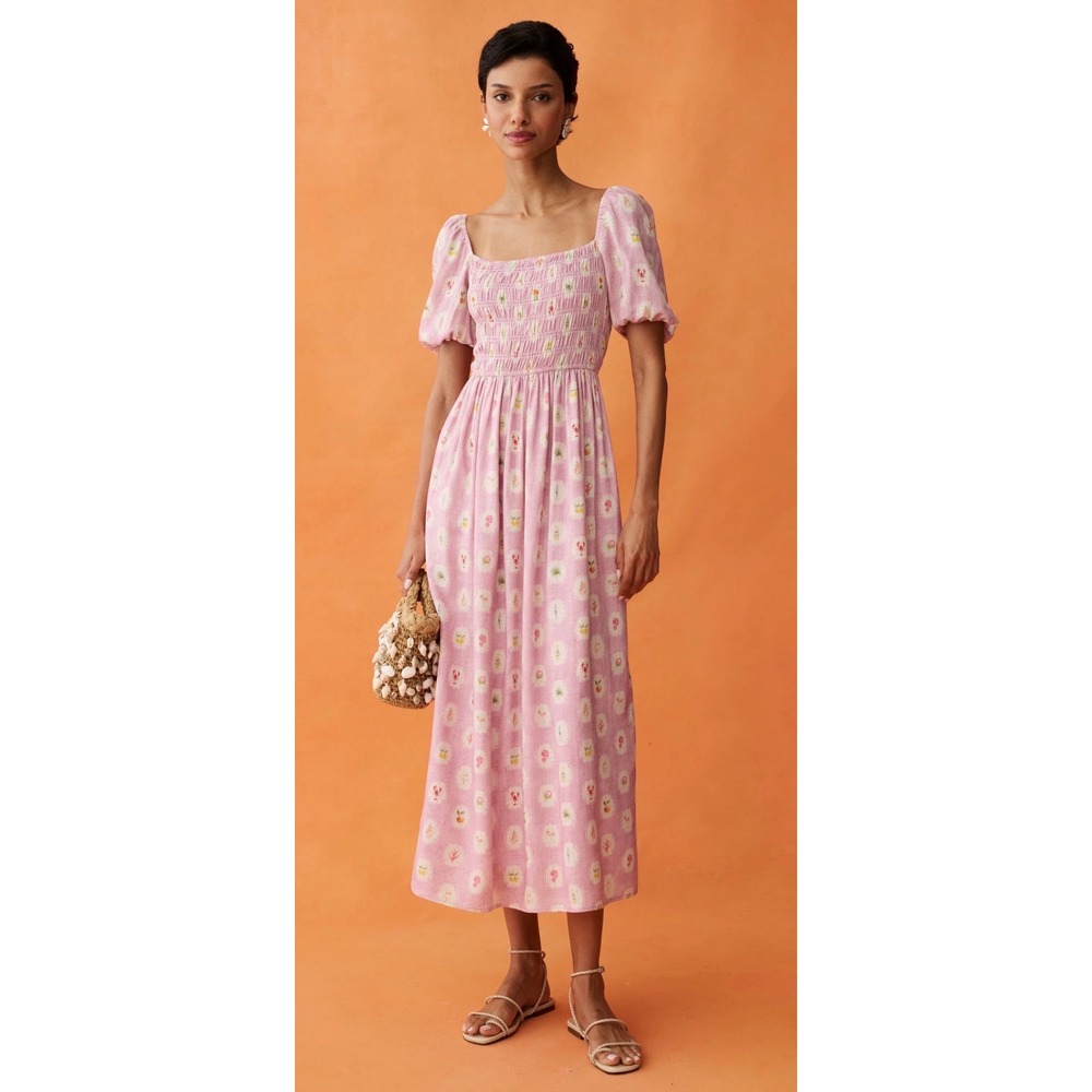 Few Moda Anaya Pink Floral Smocked Midi Dress Puff Sleeve Coastal Print NWT L